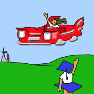 A person in an odd graduation-hat-shaped outfit waves to a flying car.