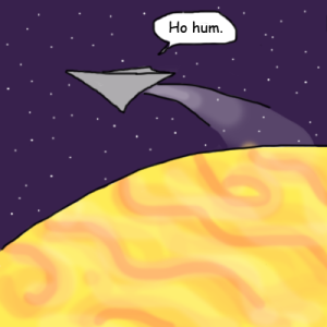 Sleek spaceship zips past a gas giant, word balloon: ho hum