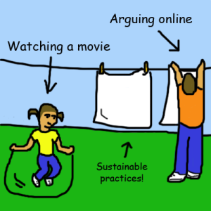 A girl skips rope, a man hangs laundry, arrows point to them saying "Watching a Movie" and "Arguing Online"