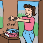 Cartoon of teen me plopping text books down.