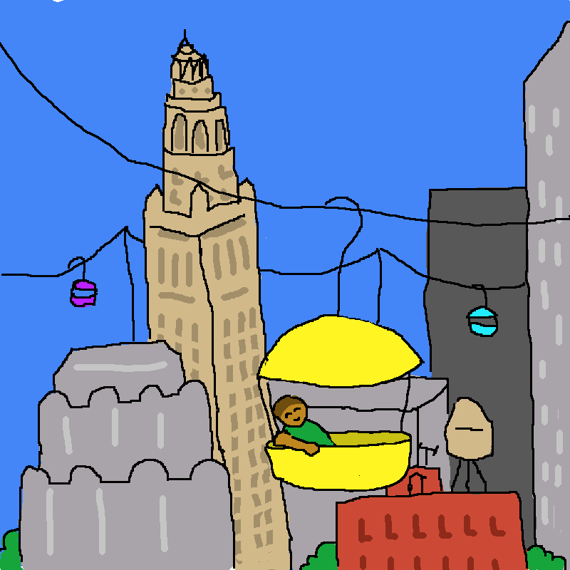 colorful gondolas sail over downtown Cleveland in this crude cartoon.
