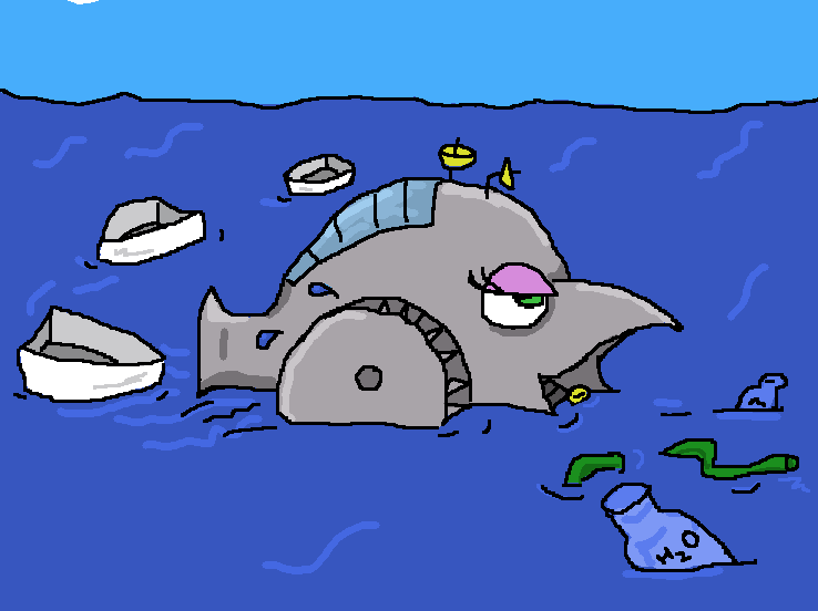 Silly cartoon of a fish-shaped paddleboat 