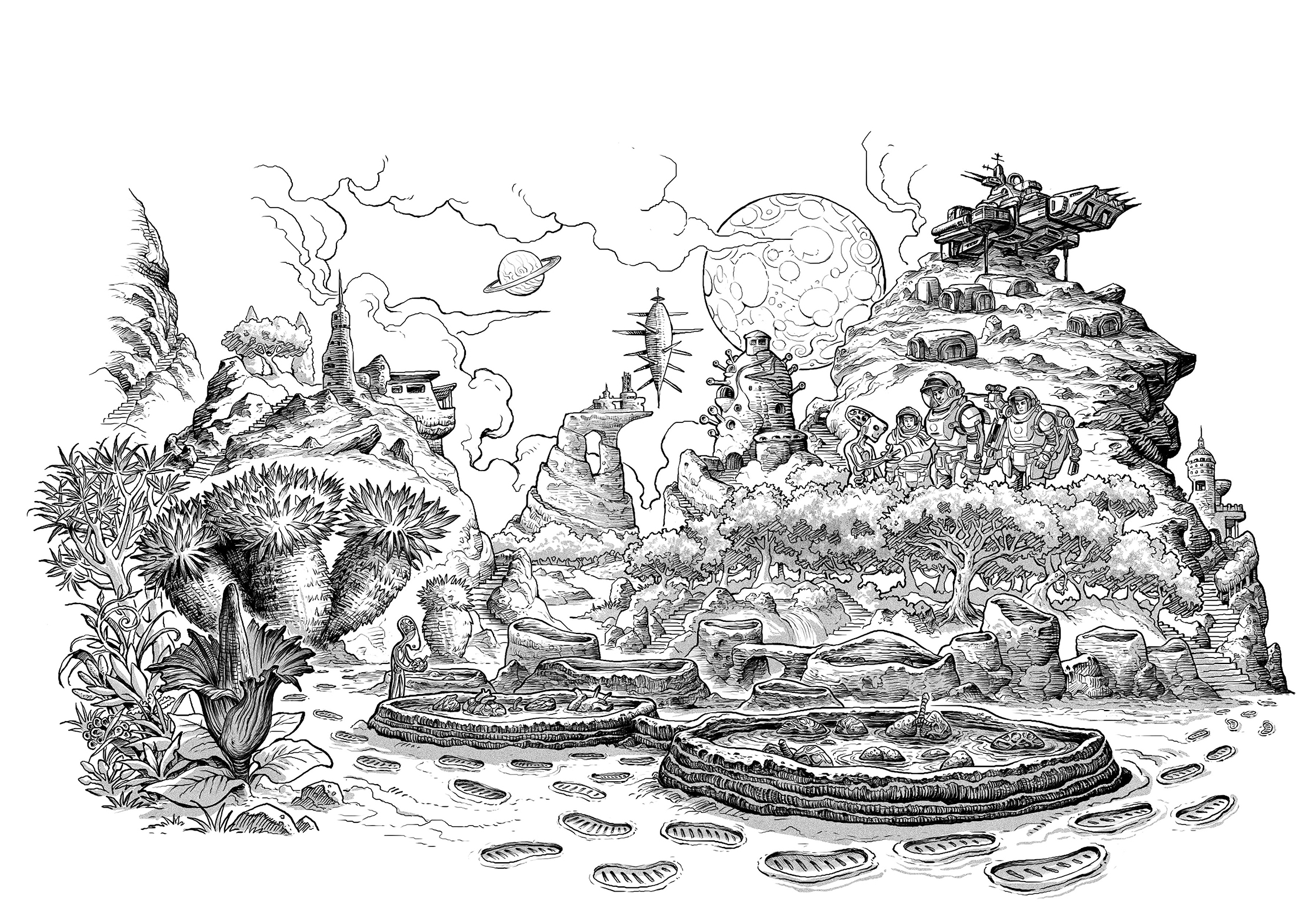 Gorgeous Ink drawing of an alien landscape
