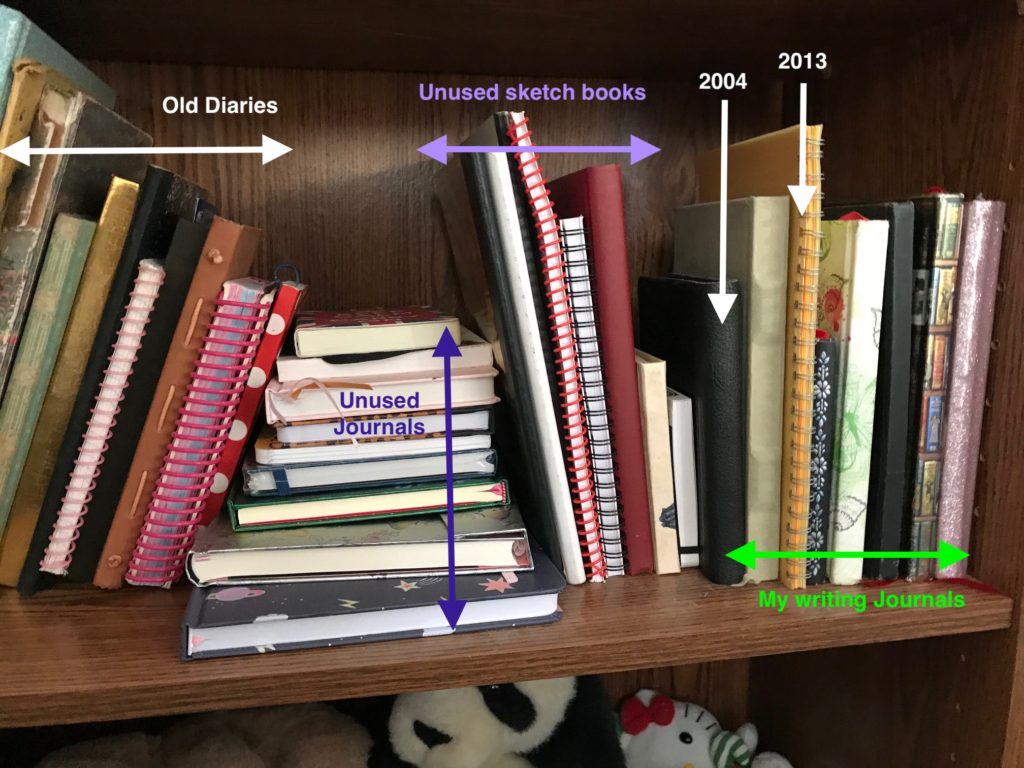 Shelf of books, one part marked Old Diaries, one marked Unused, one marked My writing Journals.