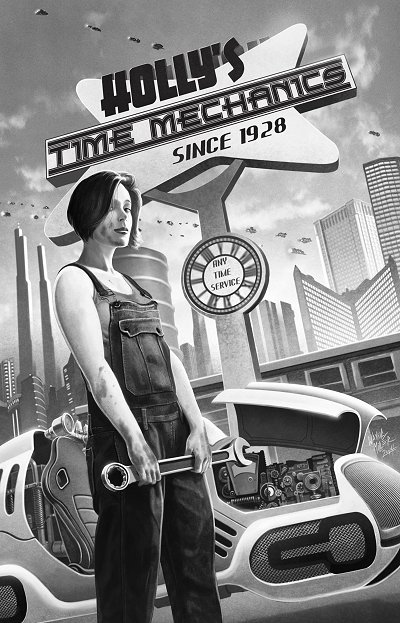 Illustration of a short haired woman with a wrench in front of a sign that reads holly's time mechanics since 1928