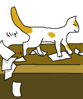cat kicking papers off a desk