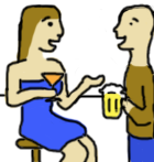 girl at bar with cocktail talking to man with beer