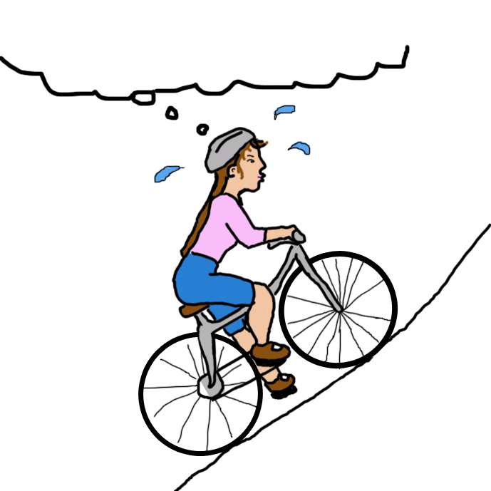 cartoon of woman riding a bike uphill