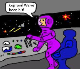Woman stands at the controls to a spaceship, saying "Captain! We've been hit!"