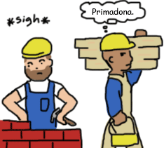 A bricklayer sighs at his bricks. A man carrying wood past him thinks "Primadonna"