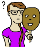 Cartoon white girl holds a brown mask