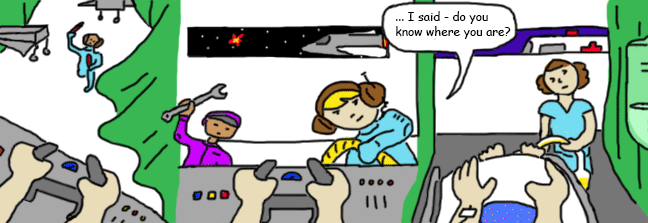 cartoon of a person steering a spaceship into a space dock which morphs into a bed in a hospital