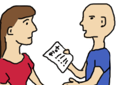 a man hands a paper to a woman. The paper is labelled Plot