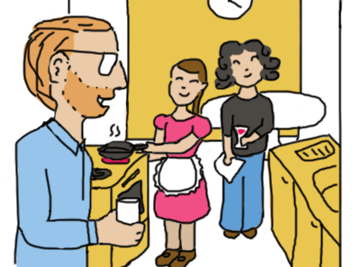 cartoon of people in a narrow harvest gold kitchen