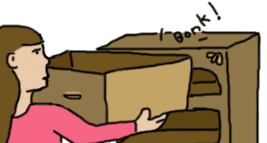 cartoon of a woman trying to put a drawer that obviously won't fit into a dresser