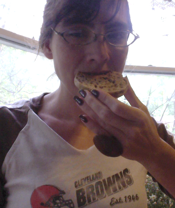 selfie tasting an english muffin