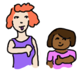 Cartoon of two women, one tall and white with a thumbs down, one short and black with a thumbs up