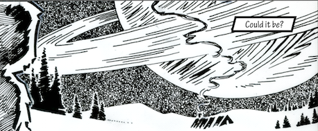 comic panel with saturn over winter landscape and words "could it be?"