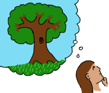 Cartoon girl head with thought balloon containing a tree