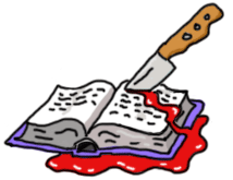 cartoon of a book with a knife sticking out of it and blood oozing from the wound in the page