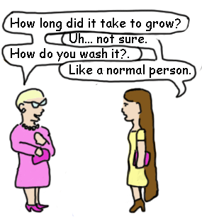 woman asks long haired girl "How long did it take to grow" girl answers "Not sure". Woman asks "How do you wash it" girl answers "like a normal person