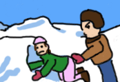 a boy pushes a girl into an igloo
