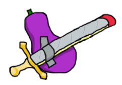 eggplant with a sword duct taped to it