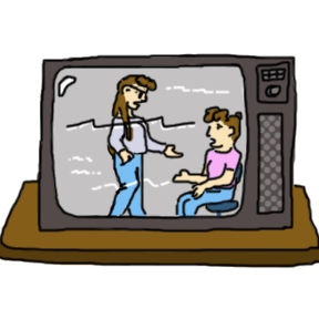cartoon of two figures talking on a tv