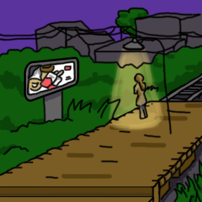 cartoon woman alone at night on a rail platform