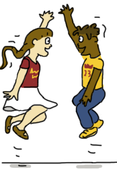 cartoon of a woman and a man jumping up and down with joy