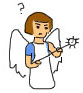 cartoon of a little girl dressed as an angel frowning in confusion at her scepter
