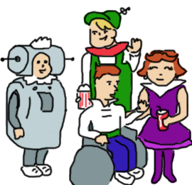 cartoon of four people cosplaying as the jetsons