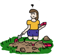 Cartoon girl playing with mud and bricks