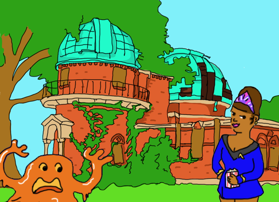 cartoon of a monster and a woman standing in front of a ruined observatory