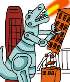 Cartoon robot dinosaur destroys buildings