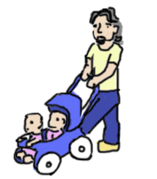 cartoon of a man with long black hair pushing. a stroller with two babies in it