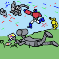 Cartoon of a robot idly looking at pictures while other robots fight in the background