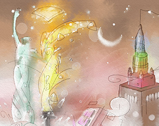 Stylish illustration of Cleveland landmarks in rainbow colors