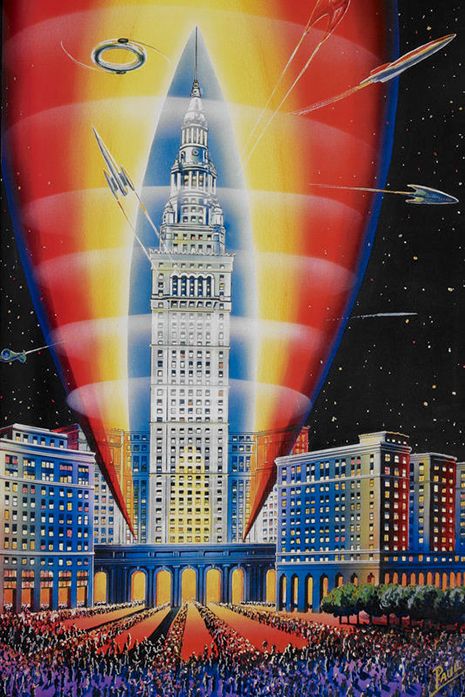 Spaceships fly around the Terminal tower in this poster for the Cleveland World Science Fiction Convention in 1955