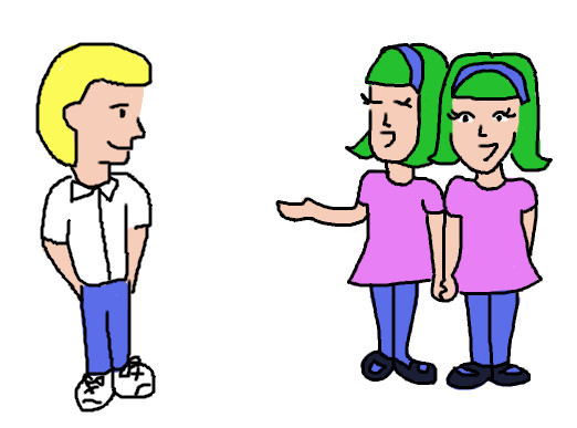 Cartoon of a boy talking to two green-haired girls.