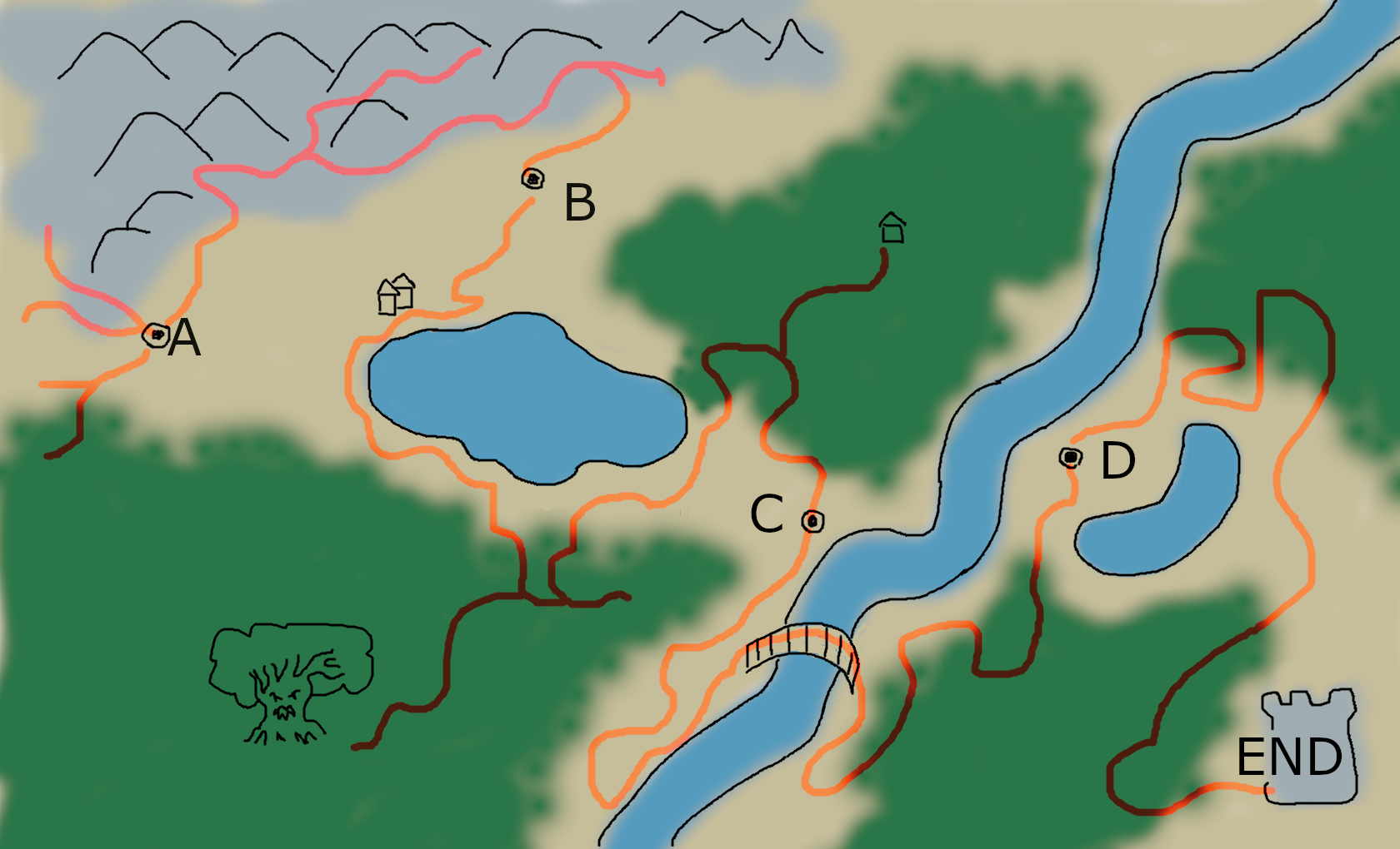 A fantasy map with a long and branching path connecting four points