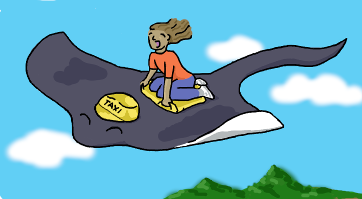 cartoon of A happy child on the back of a flying giant sting ray