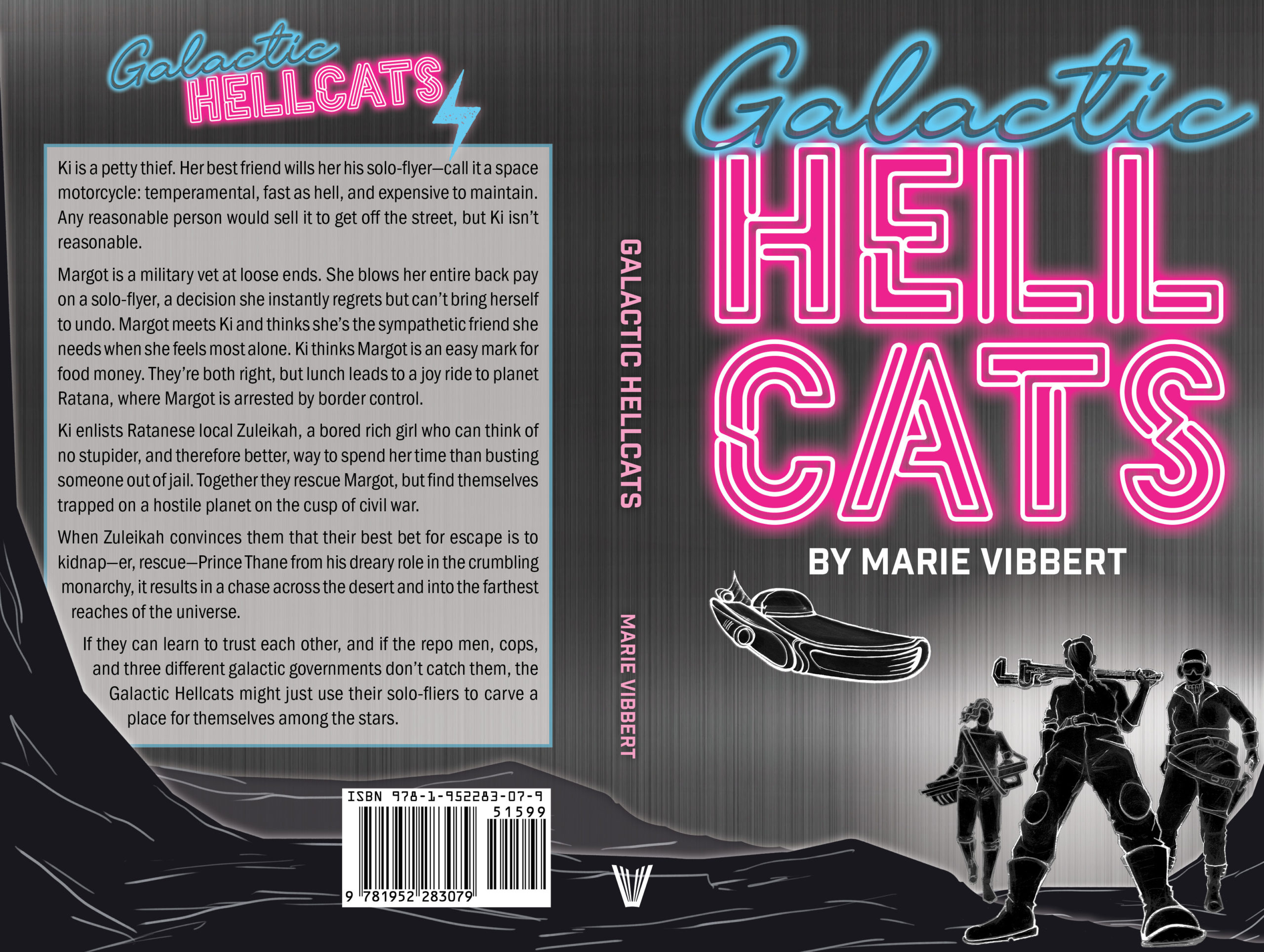 The full cover spread of the novel Galactic Hellcats with three dramatic female figures in the foreground