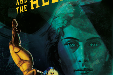 Retro futuristic book cover with handsome male face and space babe