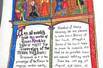 Medieval style illustrated page with colorful border, image of a queen placing a crown on a kneeling man in a black tunic, a woman in an orange tunic watching on. Second panel shows same man watching two figures swordfight