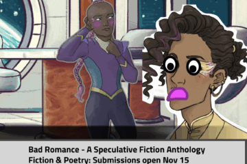 cartoon boy is shocked, cartoon girl is blushing, text below reads bad romance a speculative fiction anthology fiction and poetry submissions open November 15 send me your trash fires.