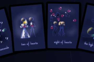 A spread of three tarot cards with glowy stick people on them.