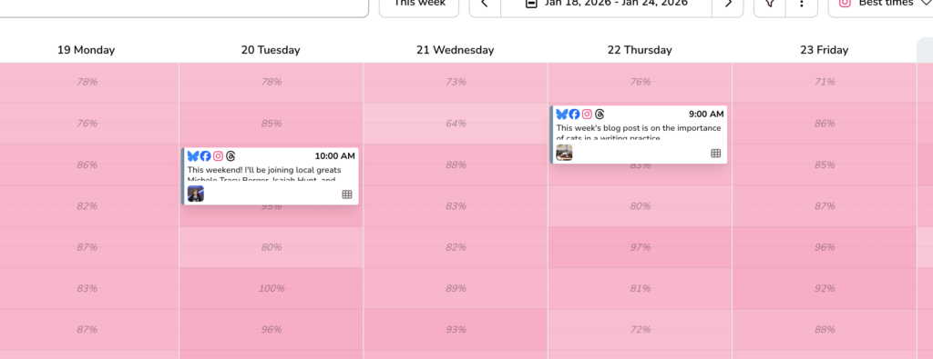 A calendar Monday through Friday, times shaded various shades of pink, two blocks overlaid with social media icons and a preview of text "This weekend I'll be joining" and "This week's blog post is..." 