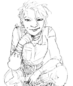 Pen and ink of a smirking woman crouching in a battered, repaired flight suit. 