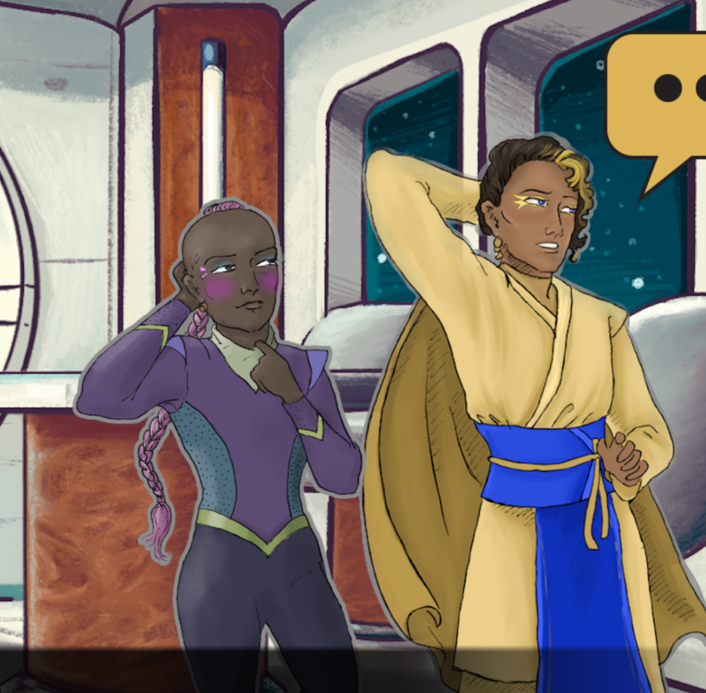 Same woman and background from the previous photo but the giant head is replaced by a very nice looking young man looking away awkwardly. 